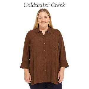 Coldwater Creek Brown Crinkle Fabric Button Down Shirt